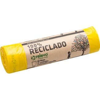 Bolsas de basura amarillas 100% reciclado para cubo normal 30 litros rollo 15 unidades -