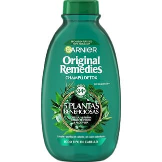 Champú Detox 5 plantas beneficiosas con ortiga, vebena, limón, té verde y aloe vera frasco 400 ml para todo tipo de cabello uso diario -