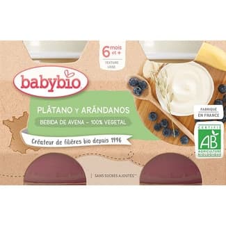 Postre de bebida de avena, plátano y arándanos ecológico 100% vegetal desde 6 meses pack 2 tarrinas 130 g 100% vegetal -
