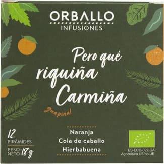 Pero que Riquiña, Carmiña infusión ecológica con naranja, cola de caballo y hierbabuena estuche 12 pirámides -