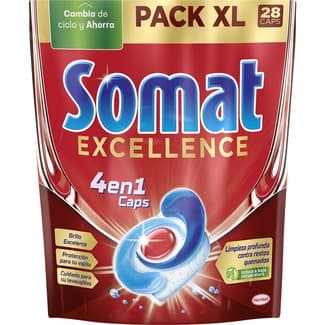 Detergente lavavajillas en pastillas Excellence 4 en 1 caps bolsa 28 pastillas -