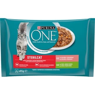 Sterilcat comida húmeda para gatos adultos esterilizados con salmón y zanahorias 2 sobres 85 g con pavo y judías verdes 2 sobres 85 g -