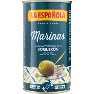 Aceitunas verdes rellenas de boquerón aliñadas con vinagre, ajo y perejil Marinas lata 130 g neto escurrido -