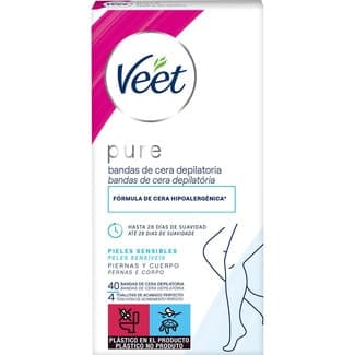 Pure bandas de cera depilatoria hipoalergénica para piernas y cuerpo caja 40 unidades para pieles sensibles -