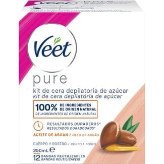 Pure kit de cera depilatoria de azúcar y aceite de argán para cuerpo y rostro tarro 250 ml para todo tipo de pieles -