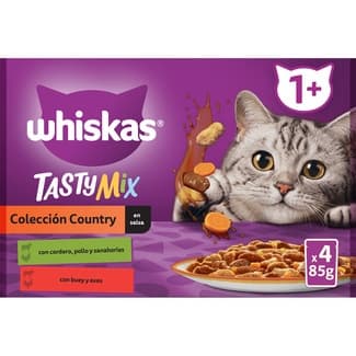 Tasty Mix comida húmeda en salsa para gatos con cordero, pollo y zanahorias 2 sobres 85 g con buey y aves 2 sobres 85 g -
