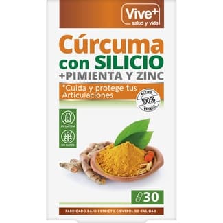 Cúrcuma con silicio, pimienta y zinc cuida y protege las articulaciones envase 30 cápsulas sin gluten y sin lactosa -