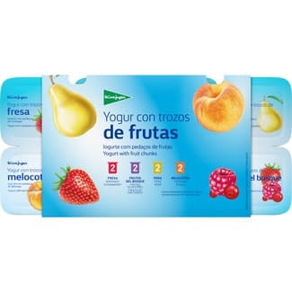 Yogur con trozos de frutas 2 fresa + 2 frutos del bosque + 2 pera + 2 melocotón pack 8 unidades 125 g -