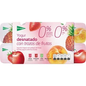 Yogur con trozos de frutas 2 fresa + 2 manzana + 2 piña + 2 melocotón desnatado 0% m.g. 0% azúcares añadidos pack 8 unidades 125 g -