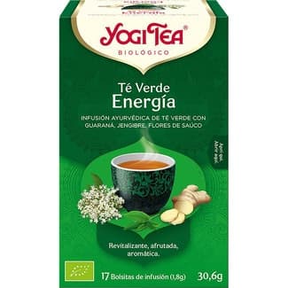 Infusión ayurvédica ecológica de té verde con guaraná, jengibre y flores de saúco estuche 17 bolsitas sin gluten -