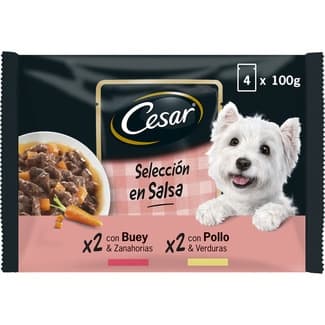 Delicias selección comida húmeda en salsa para perros pack con pollo y zanahorias 2 bolsa 100 g con buey tierno y verduras 2 bolsas 100 g -