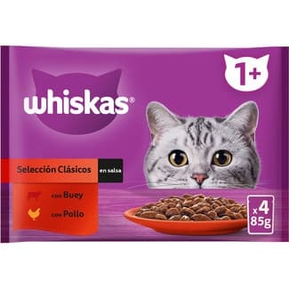 Comida húmeda en salsa para gatos adultos selección de carnes buey y pollo 4 sobres 85 g -