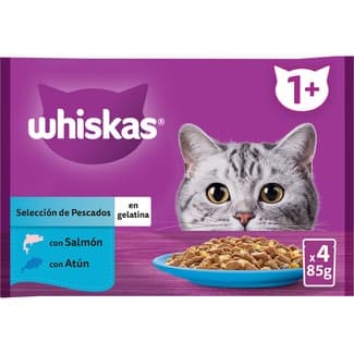 Comida húmeda en gelatina para gatos con salmón 2 sobres 85 g con atún 2 sobres 85 g -