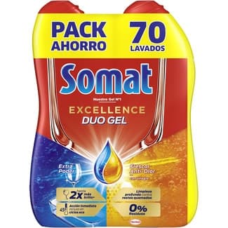 Detergente lavavajillas Excellence duo gel extra poder y frescor anti-olor pack 2 botellas 35 dosis -
