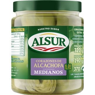 Corazones de alcachofa medianos 8-10 frutos frasco 190 g neto escurrido -