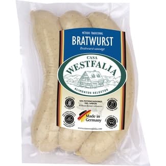 Salchichas Bratwurst cocidas de cerdo en tripa natural para asar 3 piezas envase 270 g sin gluten sin lactosa -