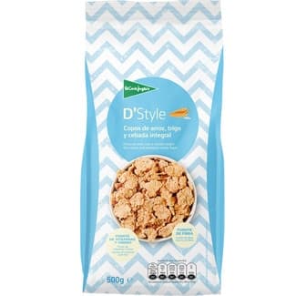 D'Style cereales de desayuno en copos tostados de arroz y trigo integral paquete 500 g -