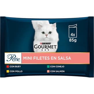 Perle comida húmeda para gato selección de finas láminas de carne y pescado 4 bolsas 85 g con buey, pollo, conejo y salmón -