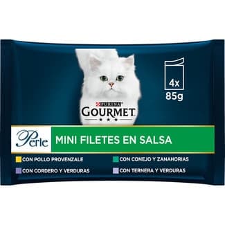 Perle comida húmeda para gatos Mini filetes en Salsa con Verduras 4 bolsas 85 g -