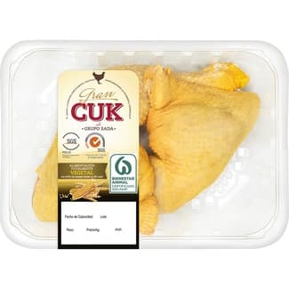 Cuartos traseros de pollo certificado criado con alimentación vegetal peso aproximado bandeja 700 g -
