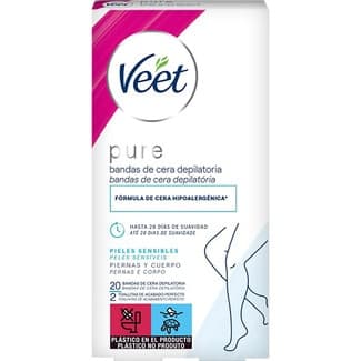 Pure bandas de cera depilatoria hipoalergénicas para piernas y cuerpo caja 20 unidades para pieles sensibles -