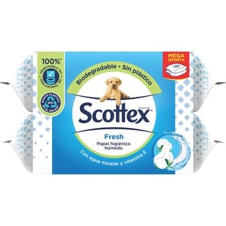 Papel higiénico húmedo Fresh con agua micelar y vitamina E pack 2 paquetes 74 unidades -