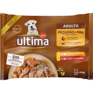 Fit&Delicious comida húmeda para perros minis adultos con pollo 2 sobres 100 g con buey 2 sobres 100 g -