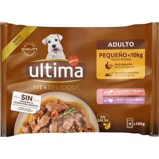 Fit&Delicious comida húmeda para perros minis adultos con salmón 2 sobres 100 g con pavo 2 sobres 100 g -