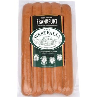 Salchichas Frankfurt cocidas y ahumadas de cerdo sin tripa natural 5 piezas envase 275 g sin gluten sin lactosa -