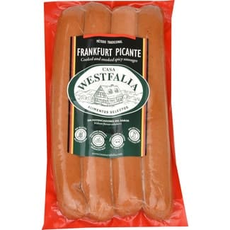 Salchichas Frankfurt picantes cocidas y ahumadas de cerdo sin tripa natural 4 piezas envase 270 g sin gluten sin lactosa -