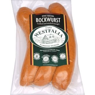 Salchichas Bockwurst cocidas y ahumadas de cerdo en tripa natural 3 piezas envase 270 g sin gluten sin lactosa -