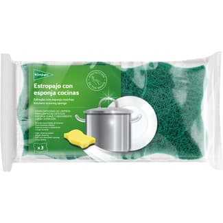 Estropajo fibra verde con esponja cocinas envase 3 unidades -