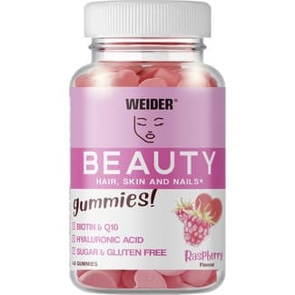 Gummies! Beauty vitaminas Biotin Q10 y ácido hialurónico sabor frambuesa bote 50 unidades sin gluten y sin azúcar -