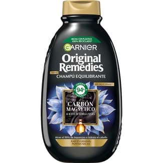 Champú equilibrante Carbón Magnético & Aceite de semilla negra sin siliconas frasco 400 ml para raíces grasas y puntas secas -