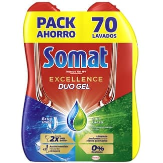 Detergente lavavajillas Excellence duo gel extra poder y anti-grasa pack 2 botellas 35 dosis -