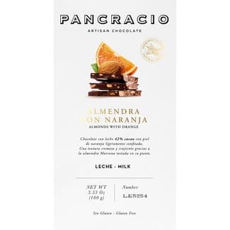 Chocolate con leche, almendras y naranja confitada sin gluten tableta 100 g -