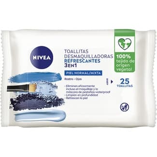 Toallitas desmaquilladoras Refrescantes 3 en 1 para rostro y ojos bolsa 25 unidades para piel normal/mixta -