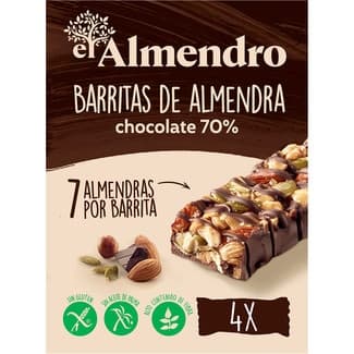 Barritas de almendras y chocolate negro 70% sin gluten y sin aceite de palma estuche 100 g 4 unidades -