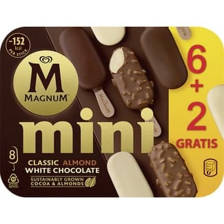 Mini helados surtidos Magnum Classico, Blanco y Almendras sin gluten 6 unidades estuche 440 ml -