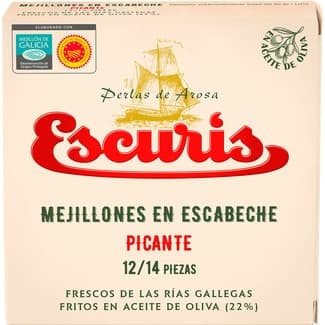Mejillones en escabeche picante DOP de las rías gallegas 12-14 piezas lata 69 g neto escurrido -