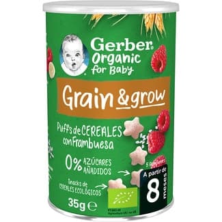 Grain & Grow puffs snacks ecológicos de cereales con frambuesa 0% azúcares añadidos lata 35 g desde 8 meses -