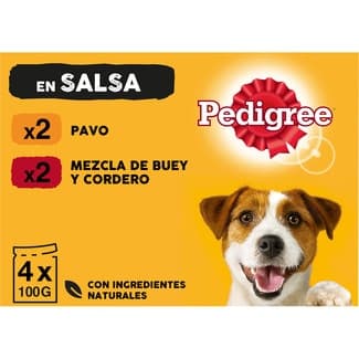 Comida húmeda para perros en salsa con pavo 2 sobres 100 g con buey y cordero 2 sobres 100 g -