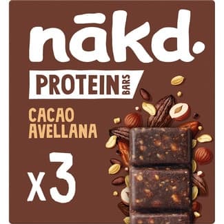 Barritas proteicas de fruta y frutos secos con cacao y avellanas 3 unidades envase 135 g -