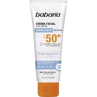Crema solar facial hidratante con ácido hialurónico SPF-50+ tubo 75 ml para todo tipo de piel -