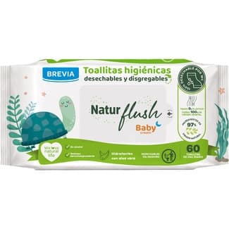 Toallitas húmedas infantiles biodegradable Natur Flush con aloe vera paquete 60 unidades -