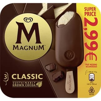 Classic bombón helado de chocolate con leche y vainilla sin gluten 3 unidades estuche 300 ml -