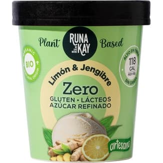 Zero helado artesano vegetal, ecológico de limón y jengibre sin gluten y sin lactosa tarrina 460 ml sin azúcar refinado -