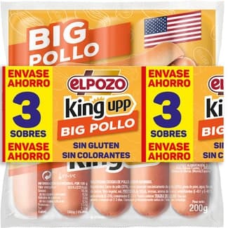 Big Pollo salchichas cocidas de pollo sabor ahumado sin gluten pack 3 x 200 g envase 600 g -