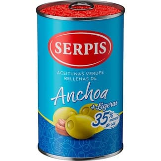 Aceitunas verdes rellenas de anchoa + lígeras 35% menos sal sin gluten y sin lactosa lata 130 g neto escurrido -