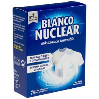 Blanco Nuclear detergente prendas blancas en polvo para lavar a mano o máquina caja 6 sobres -